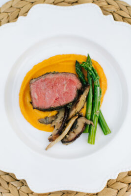 strip steak with sweet potato puree mushrooms asparagus scaled